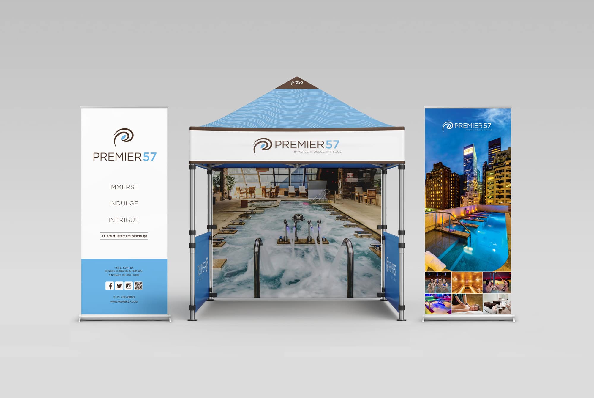 Luxurious spa and hot tub booth with banners showcasing Premier57 spa services and amenities.