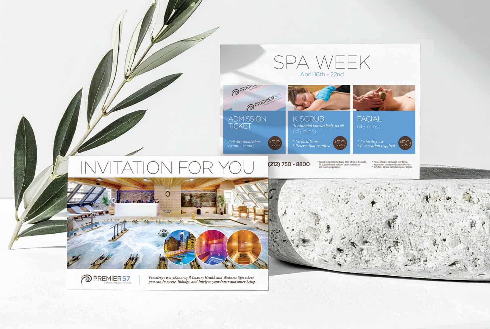Brochure and flyer for luxury spa and wellness center promoting services like facials, scrubs, and massage therapy.
